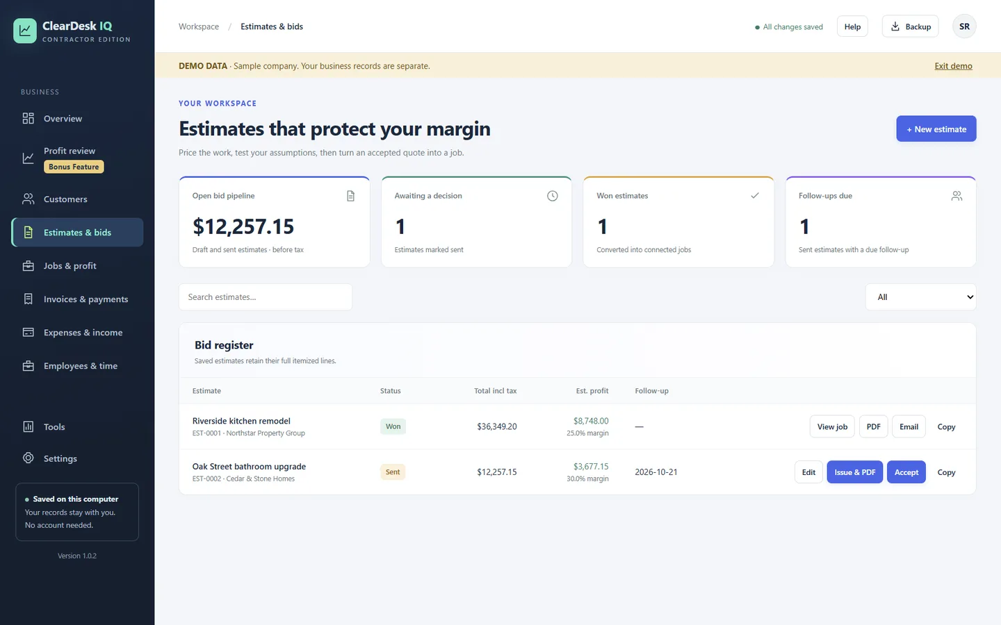 Estimates and bids screen with open bid pipeline, won estimates, follow-ups due and the bid register