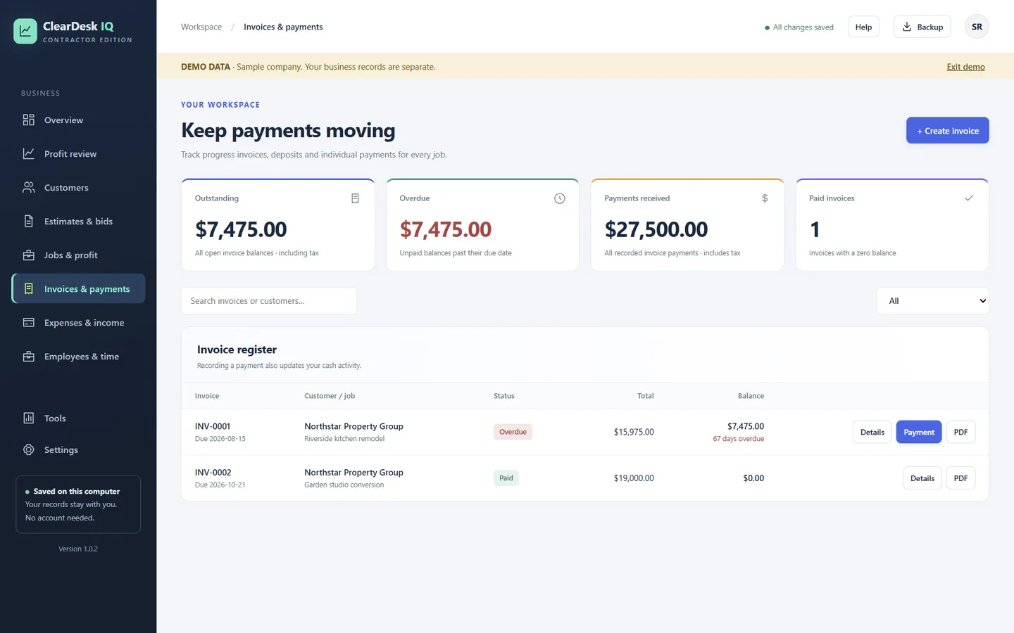 Invoices and payments screen with outstanding, overdue and paid invoices